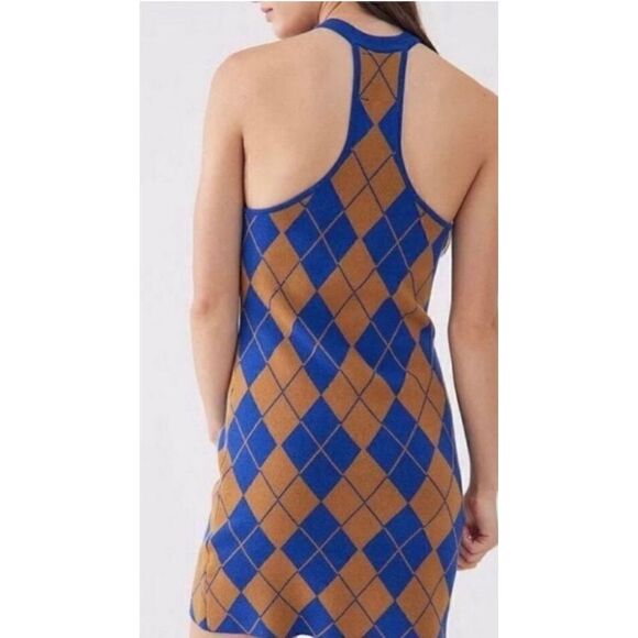 NWT Urban Outfitters Charlie Blue and Gold Argyle Racerback Mini Dress - Picture 2 of 14